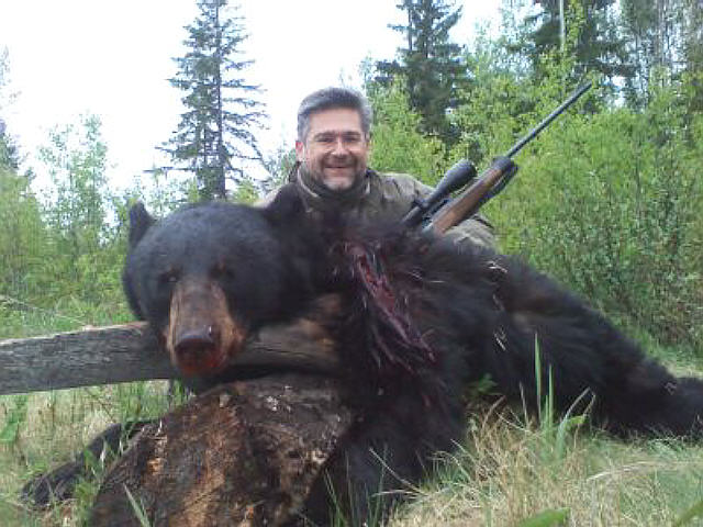 What a great guy.  Fernando came to camp with a smile and left with a smile.  A bit of finesse on this bear and he made no mistake about his chance for a trophy black bear.  His shot hit the bear dead on in the shoulders and his trophy bear hit the ground.  A few photos later and the bear was loaded and taken to camp for skinning and freezing.  Again, another spot and stalk for the best of bear hunting.