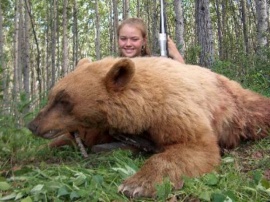 After missing an even lighter coloured brown bear, Ruby, became more serious with her shooting and the next bear in her sights dropped in its tracks. This light coloured brown taken on another non-baited hunt has provide her with a great trophy for her room. A great young lady who provided much entertainment in camp. She and her father each took home a brown.