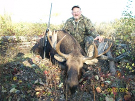 Gary took a longer shot and nailed his young bull early into his hunt. 400 yards and this bull was now his trophy. 10 minutes later his hunting partner for the day got his 50 rack no more than 200 yards from this bull. Thanks for being in our moose camp. You are a fun hunter and a pleasure to be around.